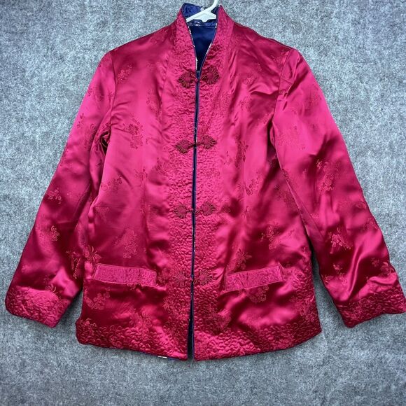 Vintage Sportacular Jacket Medium Blue Red Reversible Satin Pankou Asian Blazer - Picture 3 of 11